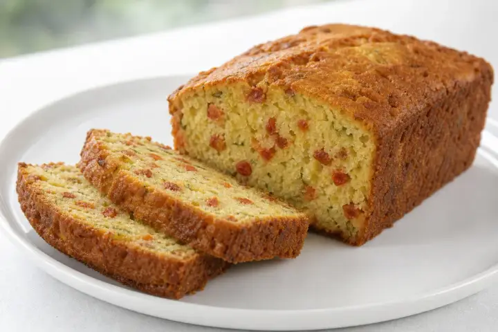 Tranche de cake salé au chorizo, parsemé de petits morceaux rouges et de fines herbes vertes.